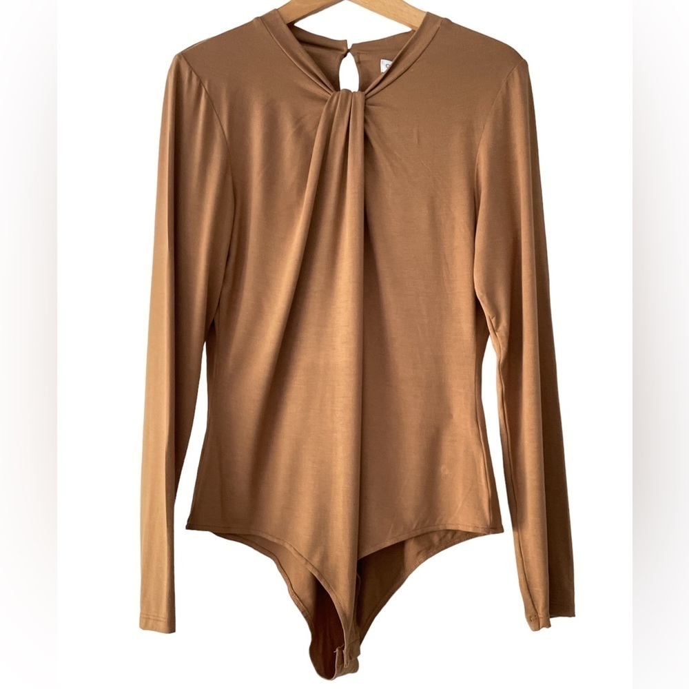 Calvin Klein beige long-sleeve bodysuit with knotted neckline, Size Large